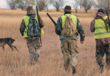 La prima conferenza stampa del presidente nazionale Arcicaccia tre cacciatori di spalle con cane: prima conferenza stampa del presidente nazionale Arcicaccia