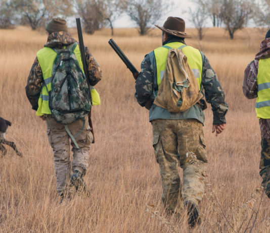 La prima conferenza stampa del presidente nazionale Arcicaccia tre cacciatori di spalle con cane: prima conferenza stampa del presidente nazionale Arcicaccia