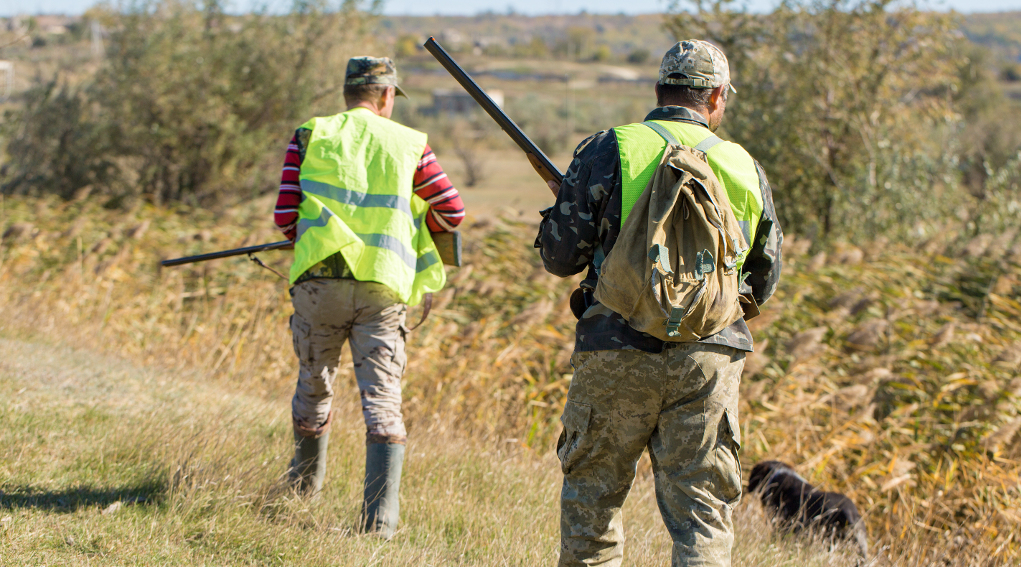 caccia in lombardia, due cacciatori di spalle con cane