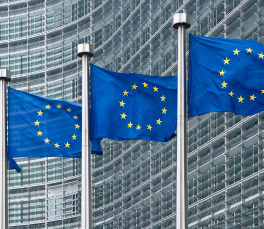 Verso le elezioni europee: Face incontra il commissario uscente elezioni europee: bandiere all'esterno del palazzo che ospita la commissione europea a Bruxelles