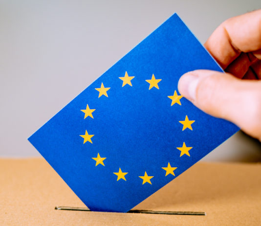 Elezioni europee, Fiocchi: grazie ai cacciatori elezioni europee, mano imbuca scheda con bandiera europa in urna