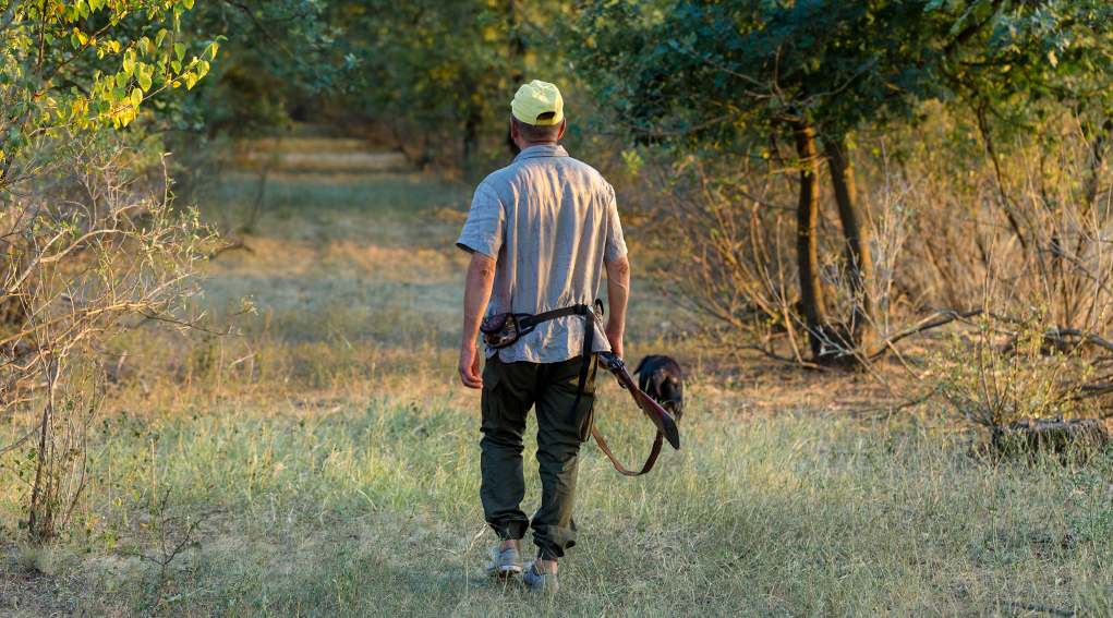 data di apertura della caccia in Abruzzo: cacciatore di spalle con cane