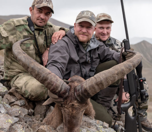 Caccia all’estero: il tur del Medio Caucaso a picco sullo strapiombo Caccia all'estero: Simon K. Barr col trofeo di tur del Medio Caucaso cacciato in Russia
