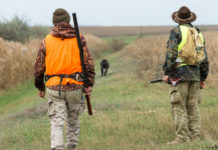 Funzioni degli Ambiti territoriali di caccia: la sentenza del Tar funzioni degli ambiti territoriali di caccia: due cacciatori di spalle con abbigliamento alta visibilità, davanti a loro un cane da caccia