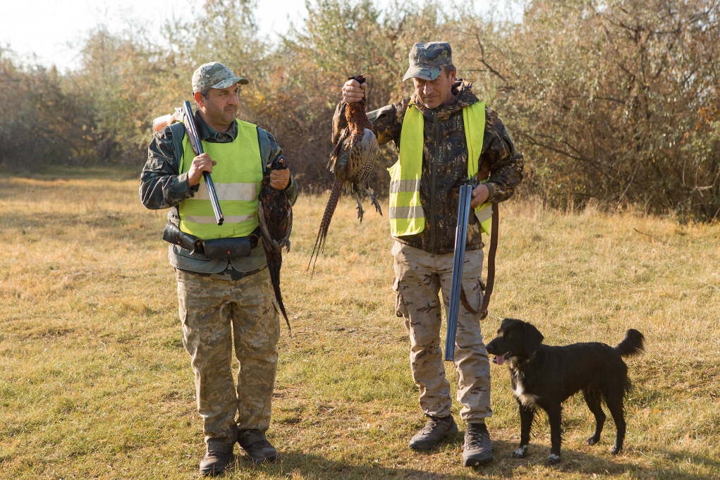 Calendario venatorio della Puglia: due cacciatori con gilet alta visibilità, fucile e fagiano in mano, cane al loro fianco