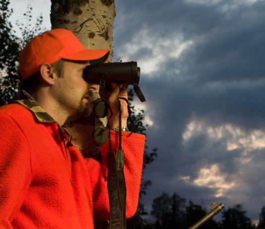 In Toscana dicembre è il mese della sicurezza a caccia sicurezza a caccia: cacciatore in alta visibilità guarda nel binocolo