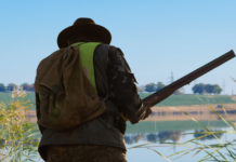 Caccia nelle aree Rete Natura 2000: la posizione della giunta delle Marche Caccia nelle aree Rete Natura 2000: cacciatore di spalle in zona umida