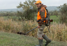 Legge toscana sulla caccia, le proposte della cabina di regia regionale legge toscana sulla caccia: cacciatore in alta visibilità con fucile in mano, cane al suo fianco, costeggiano campo