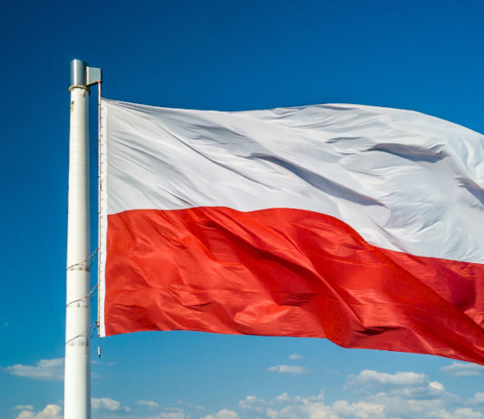 Minorenni a caccia: l’iniziativa della Polonia Minorenni a caccia in Polonia: bandiera della Polonia sventola con sfondo di cielo nuvoloso