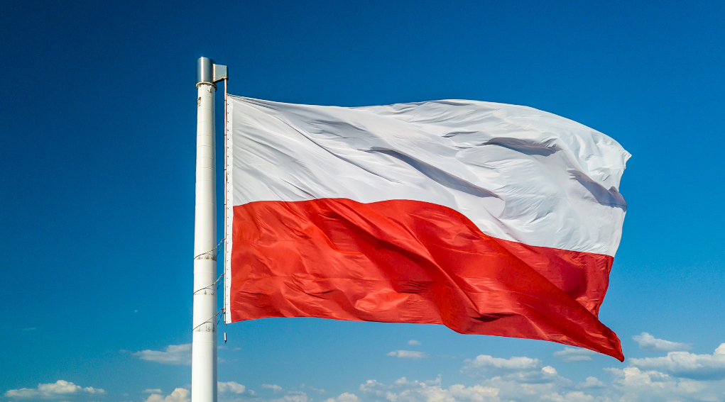 Minorenni a caccia in Polonia: bandiera della Polonia sventola con sfondo di cielo nuvoloso