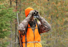 Perplessità di Arcicaccia sulla legge di riforma della caccia in Lombardia legge di riforma della caccia in Lombardia: cacciatore con gilet alta visibilità guarda in binocolo