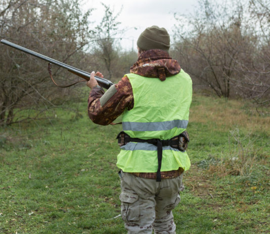 Verso la modifica della legge sulla caccia in Lombardia legge sulla caccia in Lombardia: cacciatore di spalle con fucile tra le mani, abbigliamento alta visibilità