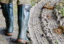 Ferita in un incidente di caccia? Porto d’armi a rischio incidente di caccia: stivali di cacciatore che cammina su terreno fangoso