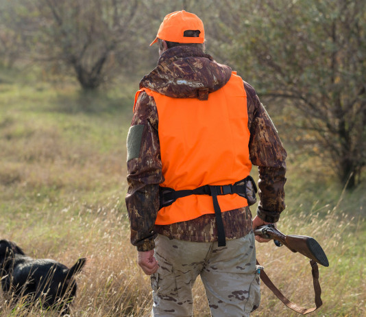 Caccia in zona arancione, la richiesta della Liguria caccia in zona arancione: cacciatore con cane, gilet alta visibilità e fucile in mano