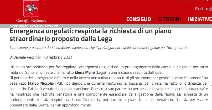 nota consiglio regione toscana caccia imbraccata