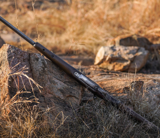 Caccia in Africa e biodiversità: incontro al parlamento europeo Caccia in Africa: carabina di ranger appoggiata su una roccia
