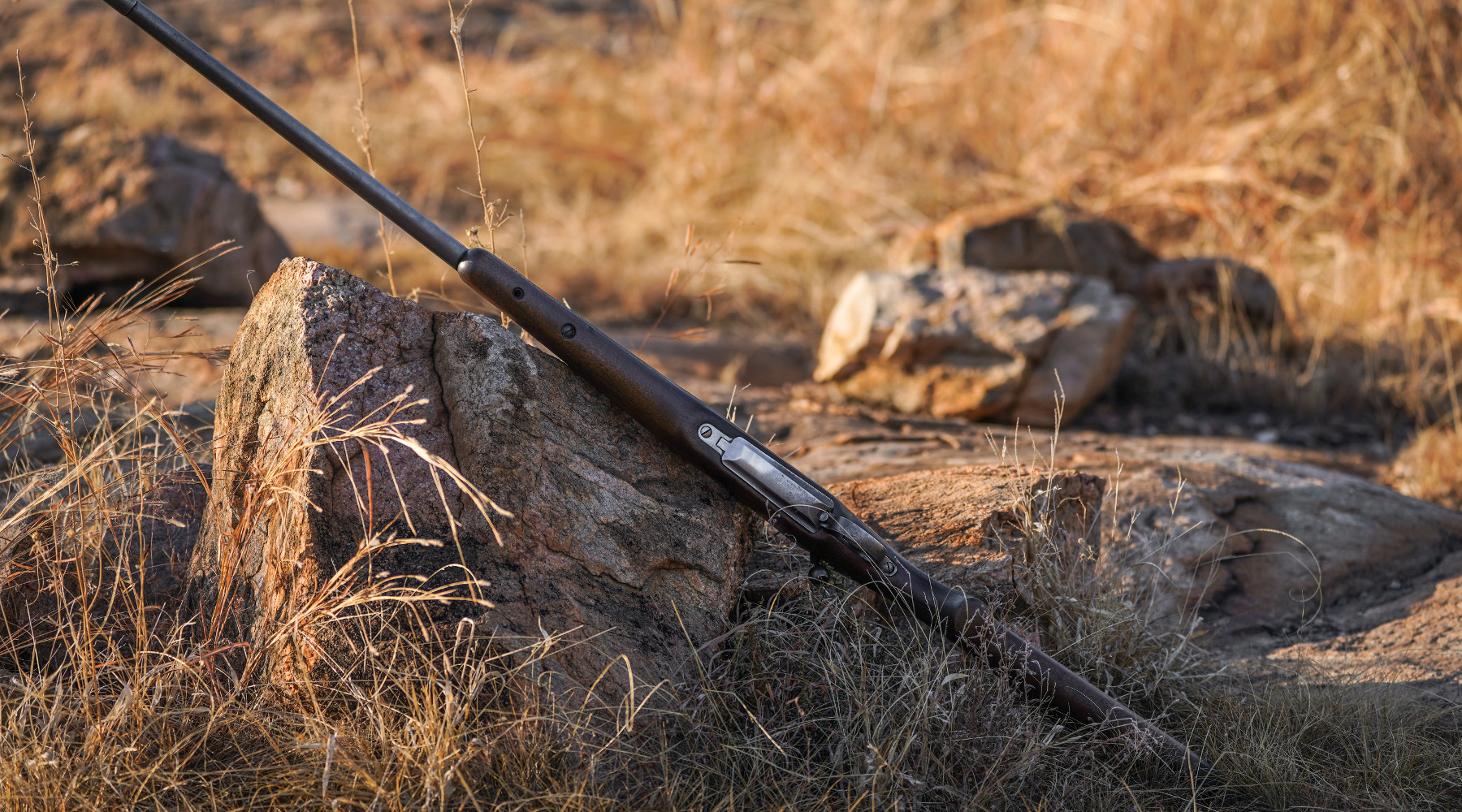 Caccia in Africa: carabina di ranger appoggiata su una roccia