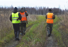 Calendario venatorio della Toscana 2022/2023: le anticipazioni Calendario venatorio della Toscana 2022-2023: tre cacciatori di spalle con gilet alta visibilità