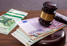 Offese ai cacciatori, la decisione del tribunale Offese ai cacciatori: martello del giudice con banconote in euro, simbolo del risarcimento danni