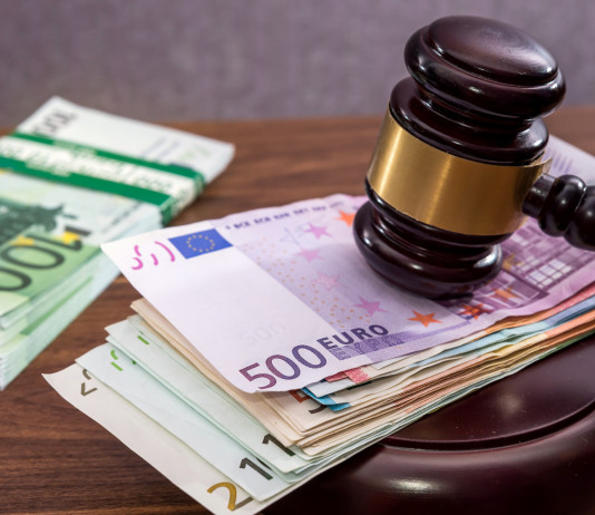 Offese ai cacciatori, la decisione del tribunale Offese ai cacciatori: martello del giudice con banconote in euro, simbolo del risarcimento danni