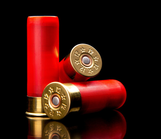 Munizioni in piombo: i prossimi passaggi Munizioni in piombo: tre cartucce da caccia con bossolo rosso e fondello ottonato su sfondo nero riflettente