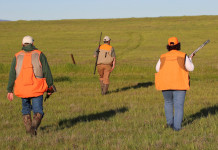 Libera Caccia rilancia sciopero dei cacciatori Libera Caccia rilancia sciopero dei cacciatori: tre cacciatori di spalle, con gilet alta visibilità